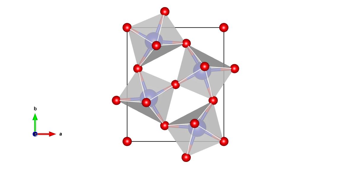Crystal structure of λ -Ta2O5.
Purple and red circles represent Ta and O atoms, respectively.