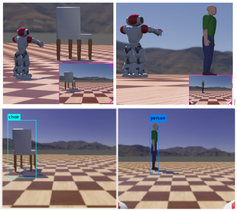 Top: NAO interacting in the virtual environment. Bottom: chair and person detection on embedded systems
