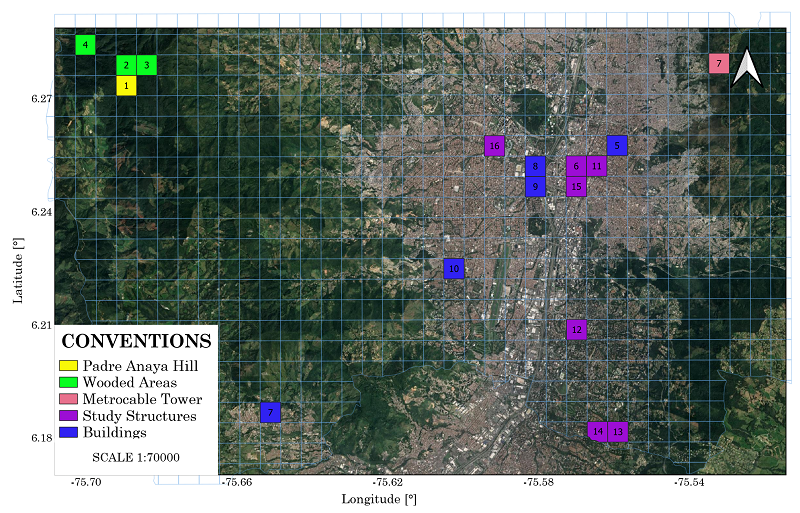 Geographic location of elevated structures and specific sites with the highest incidence of lightning in Medellín city