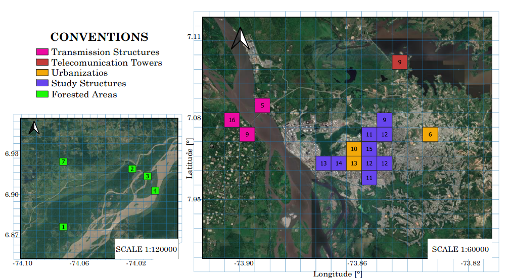 Geographic location of elevated structures and specific sites with the highest incidence of lightning in Barrancabermeja city
