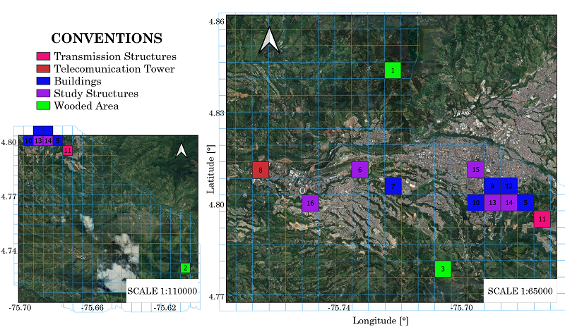Geographic location of elevated structures and specific sites with the highest incidence of lightning in Pereira city