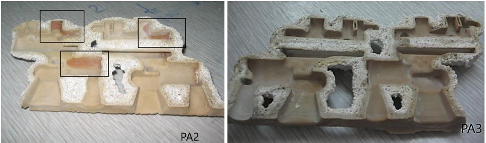Defectos observados en los moldes de las piezas PA bajo las condiciones PA2 y PA3, presión de 90 psi