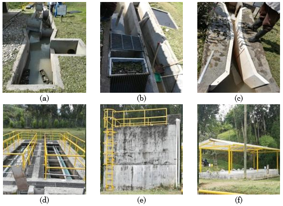Treatment units in San Carlos municipality WWTP. a) Inlet channel and lateral spillway. b) Screening and grit chamber c) Parshall gutter. d) High-rate primary settlers. e) Anaerobic digester. f) Drying beds