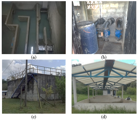 Treatment units in San Roque municipality WWTP. a) Preliminary treatment. b) Pumping station. c) UASB reactor. d) Drying beds