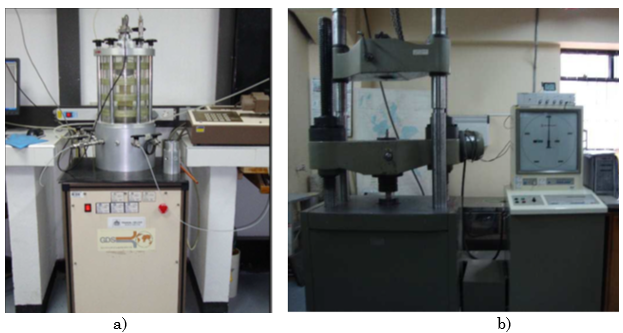 Mechanic devices: a) triaxial testing apparatus; b) compression tester machine
