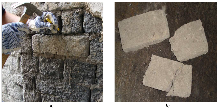Samples of old adobe: a) recuperation of an adobe unit; b) recovered samples