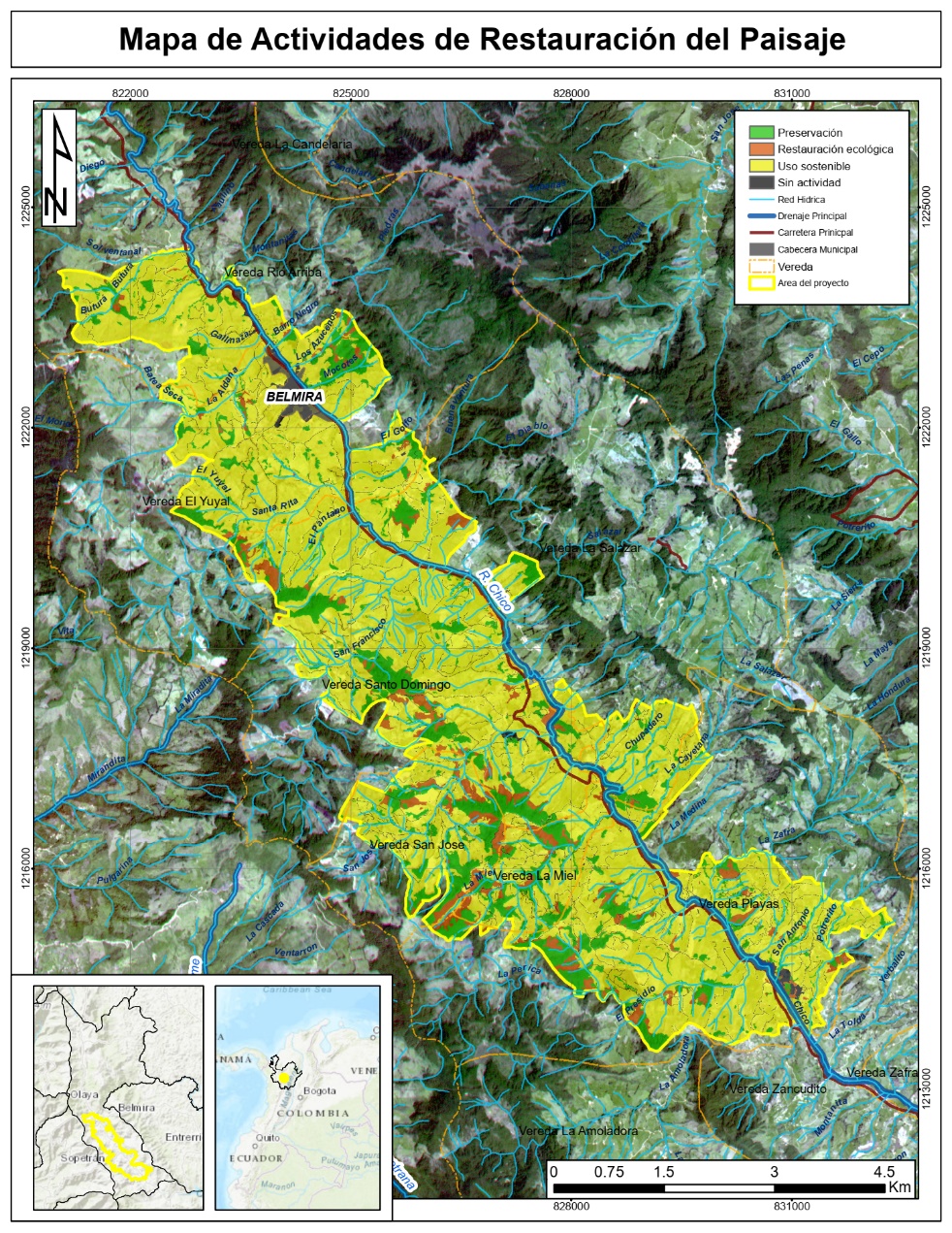 Mapa de actividades de restauración del paisaje. Según los cambios definidos, áreas que hayan pasado de bosques a transición, o que se hayan mantenido en transición, deberían ser más ideales para el desarrollo de procesos de restauración ecológica (color café).