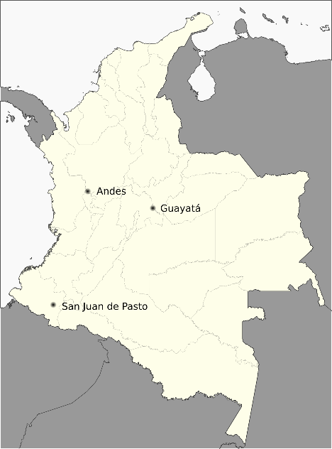 Geographic location of the municipalities selected as Scenarios
for groups G1 (Guayatá), G2 (Andes) and G3
(Pasto).